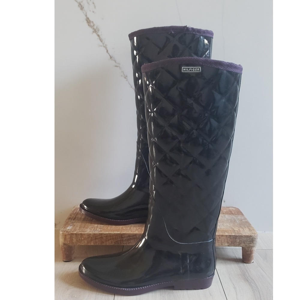 Tommy Hilfiger Boots Womens 7 Black Quilted Glossy Wellington High Rain Boots